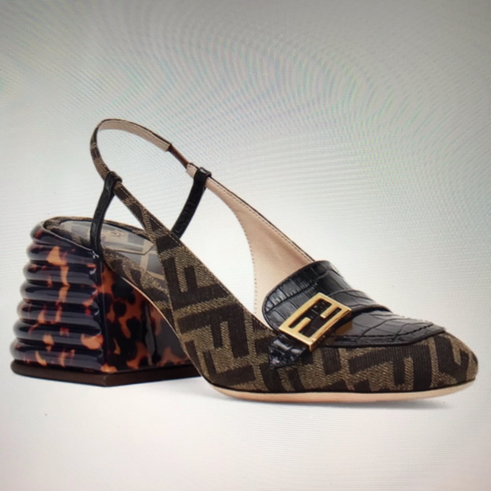 Fendi promenade FF motif fabric and croc-embossed leather slingback pump - Picture 6 of 10